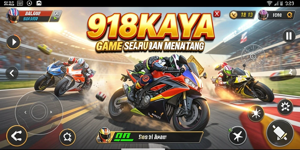Tampilan balapan seru di 918KAYA dengan mobil cepat dan trek menantang.