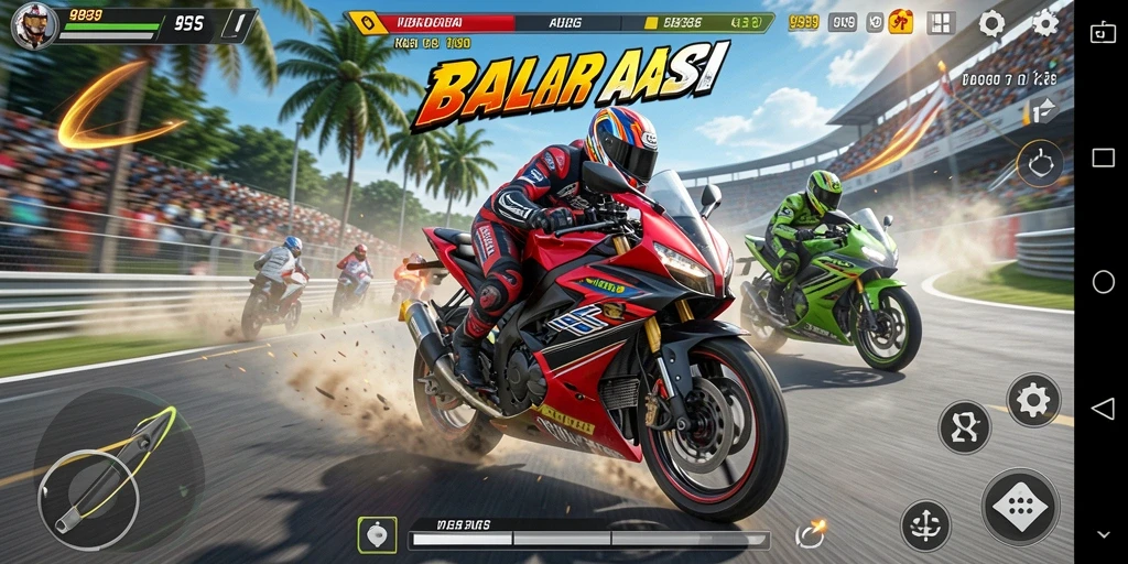 Screenshot menampilkan balapan motor yang intens dan penuh aksi.