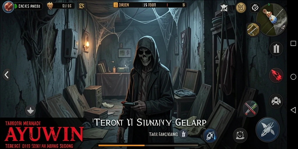 Tampilan gameplay AYUWIN dengan suasana horor menakutkan.