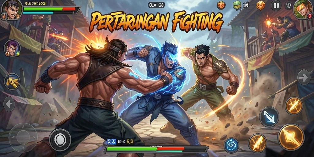 Tangkapan layar utama OLX128 menunjukkan aksi pertarungan yang intens.