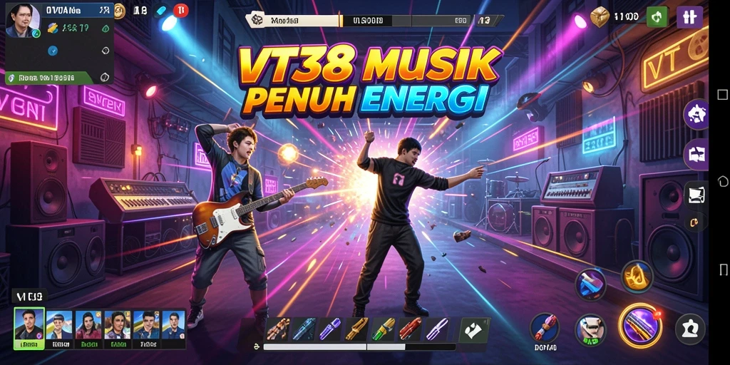 Tangkapan layar gameplay VT38 menunjukkan aksi bermain musik yang seru dan dinamis.